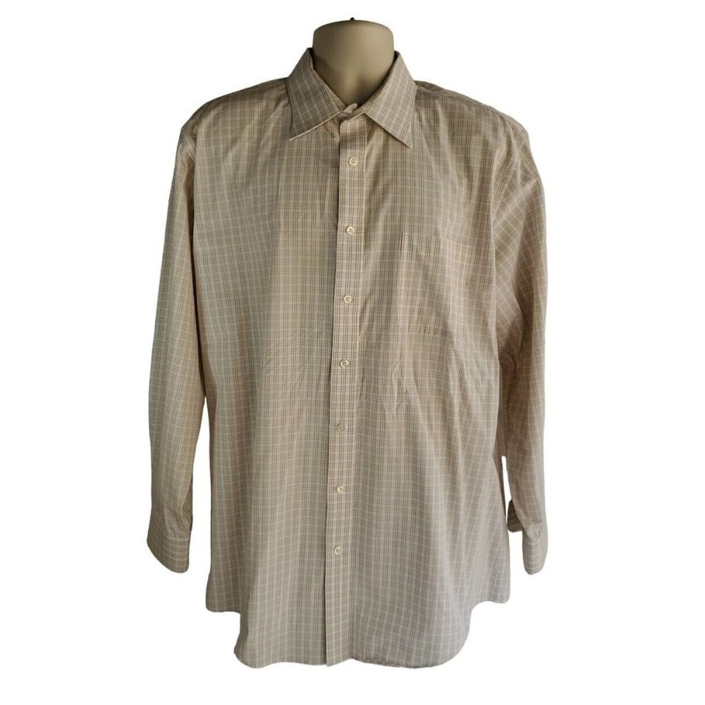Lands End 17.5 36/37 Tall Wrinkle Free Button Dress Shirt Tan White Check Stripe